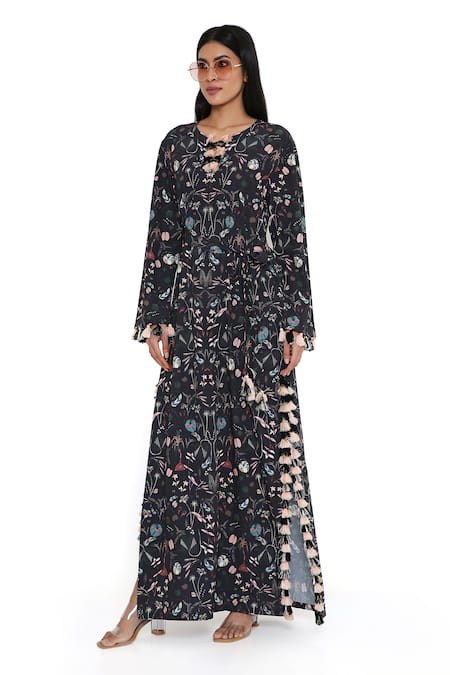 Buy_PS Pret By Payal Singhal_Black Crepe Tassels Round Neck Forest Print Kaftan _Online_at_Aza_Fashions