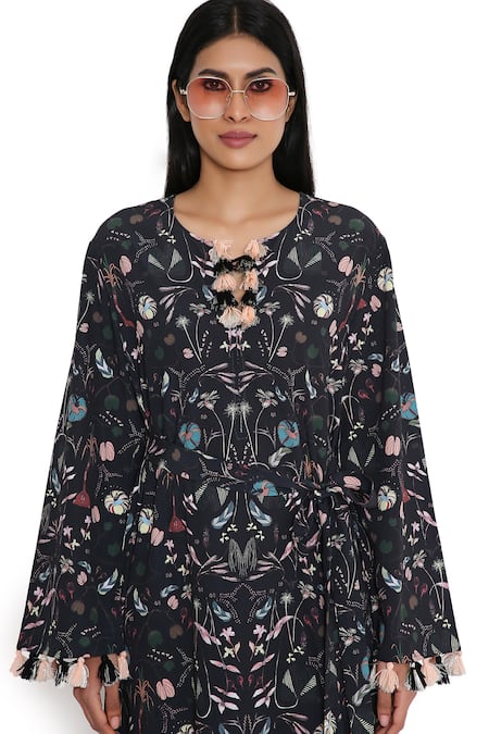 Shop_PS Pret By Payal Singhal_Black Crepe Tassels Round Neck Forest Print Kaftan _Online_at_Aza_Fashions