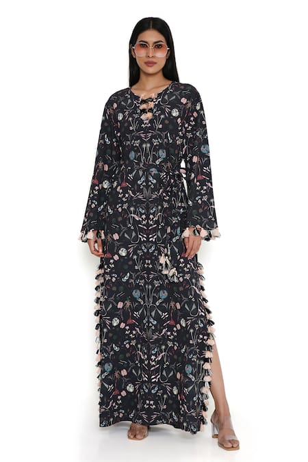 PS Pret By Payal Singhal_Black Crepe Tassels Round Neck Forest Print Kaftan _at_Aza_Fashions