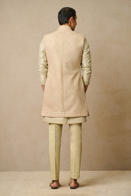 Tarun Tahiliani Raw Silk Embroidered Long Waistcoat 