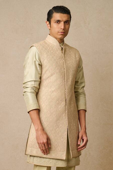 Tarun Tahiliani_Green Silk Embroidery Raw Long Waistcoat_Online_at_Aza_Fashions
