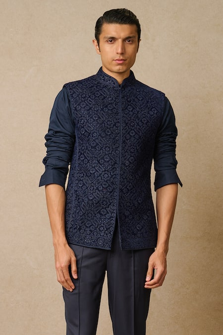 Tarun Tahiliani_Blue Velvet Embroidery Badla And Resham Waistcoat_Online_at_Aza_Fashions