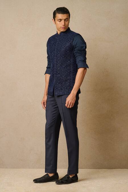 Buy_Tarun Tahiliani_Blue Velvet Embroidery Badla And Resham Waistcoat_Online_at_Aza_Fashions