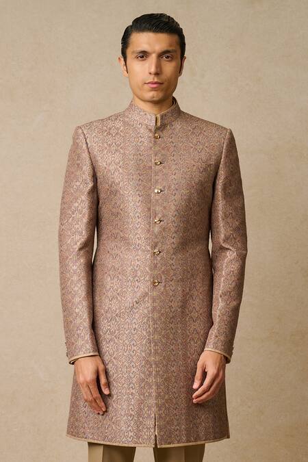 Tarun Tahiliani Beige Silk Stones, Embroidery Floral Print And Sherwani Set Online at Aza Fashions Tarun Tahiliani_Beige Silk Stones, Embroidery Floral Print And Sherwani Set_Online_at_Aza_Fashions