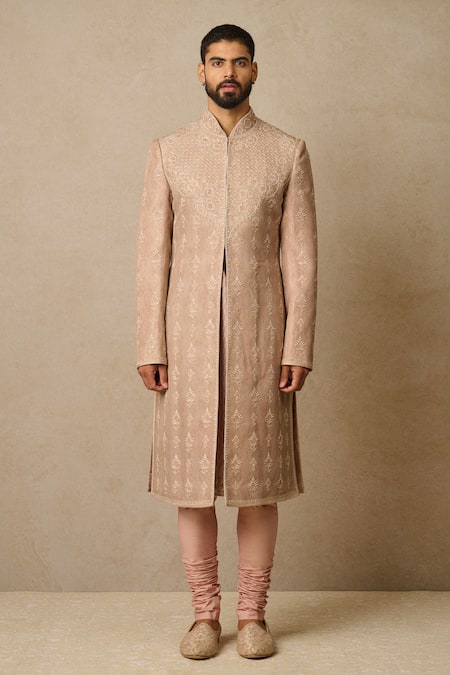 Tarun Tahiliani Pink Georgette Embroidered Chikankari Mughal Work Sherwani Set 