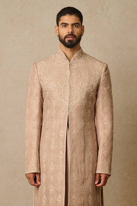 Tarun Tahiliani_Pink Georgette, Jacquard, Poplin Pearls, Mughal Chikankari Work Sherwani Set_Online_at_Aza_Fashions