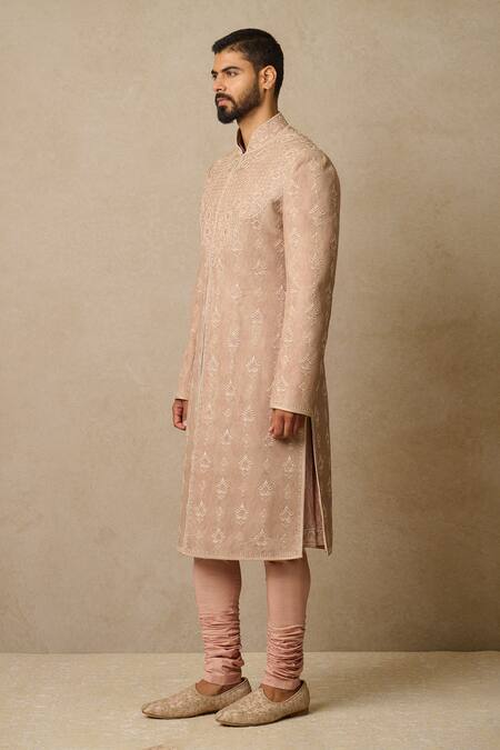 Shop_Tarun Tahiliani_Pink Georgette, Jacquard, Poplin Pearls, Mughal Chikankari Work Sherwani Set_Online_at_Aza_Fashions