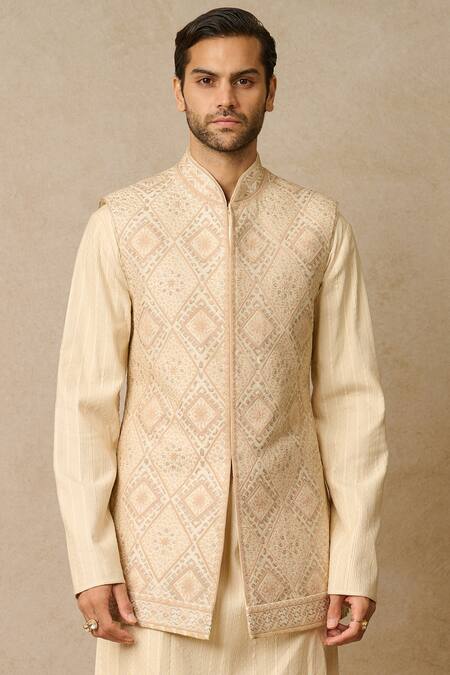 Tarun Tahiliani_Ivory Silk Embroidery Raw Geometric Waistcoat_Online_at_Aza_Fashions