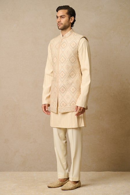 Buy_Tarun Tahiliani_Ivory Silk Embroidery Raw Geometric Waistcoat_Online_at_Aza_Fashions