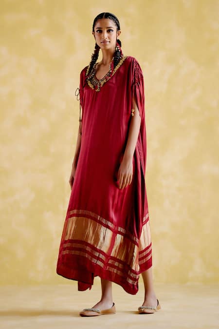 5elements Maroon Modal, Satin Embroidery V-neck Amor Ghungroo Embellished Neckline Kaftan Online at Aza Fashions 5elements_Maroon Modal, Satin Embroidery V-neck Amor Ghungroo Embellished Neckline Kaftan _Online_at_Aza_Fashions