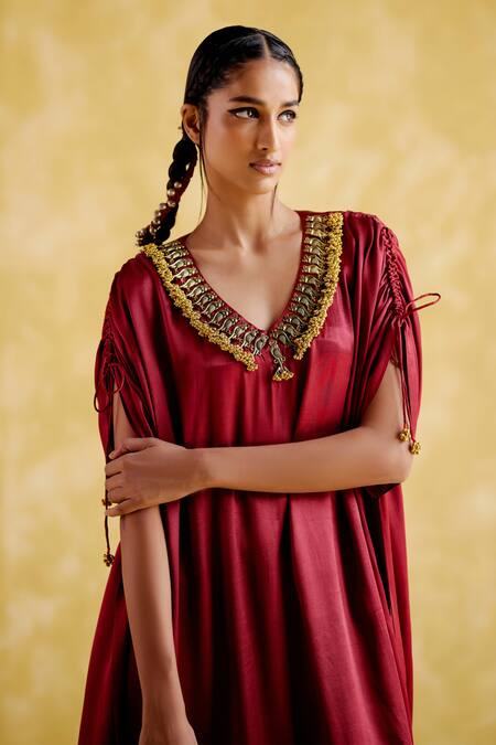 5elements Maroon Modal, Satin Embroidery V-neck Amor Ghungroo Embellished Neckline Kaftan at Aza Fashions 5elements_Maroon Modal, Satin Embroidery V-neck Amor Ghungroo Embellished Neckline Kaftan _at_Aza_Fashions