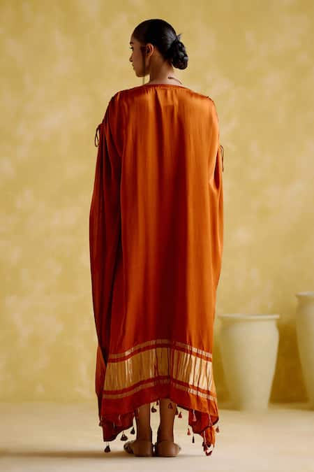 Shop_5elements_Orange Modal, Satin Tassels V-neck Amor Ghungroo Embellished Kaftan _at_Aza_Fashions