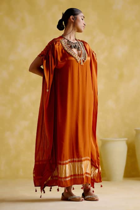 5elements_Orange Modal, Satin Tassels V-neck Amor Ghungroo Embellished Kaftan _Online_at_Aza_Fashions