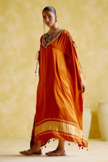 Buy_5elements_Orange Modal, Satin Tassels V-neck Amor Ghungroo Embellished Kaftan _Online_at_Aza_Fashions