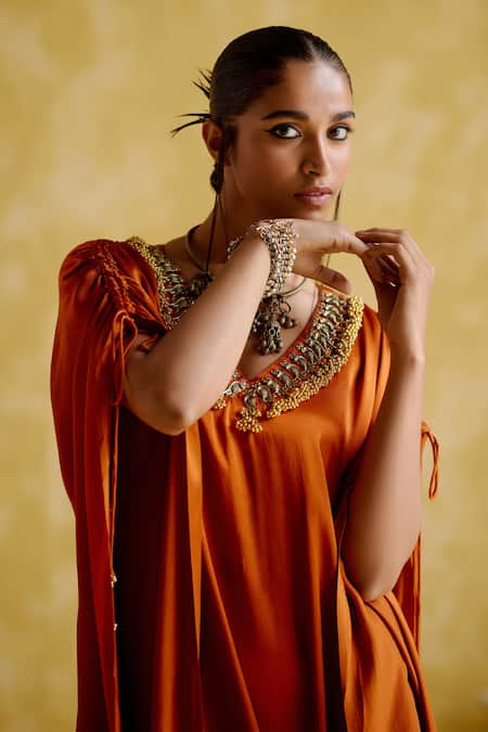 Shop_5elements_Orange Modal, Satin Tassels V-neck Amor Ghungroo Embellished Kaftan _Online_at_Aza_Fashions