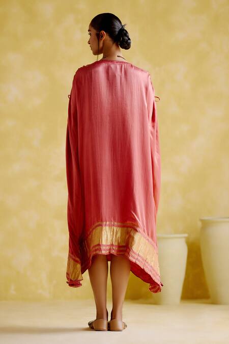 Shop_5elements_Pink Modal, Satin Embroidery V-neck Amor Ghungroo Detail Kaftan _at_Aza_Fashions