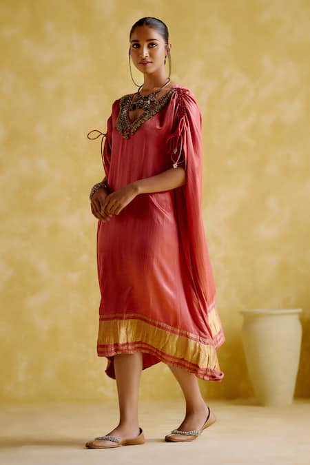 5elements_Pink Modal, Satin Embroidery V-neck Amor Ghungroo Detail Kaftan _Online_at_Aza_Fashions