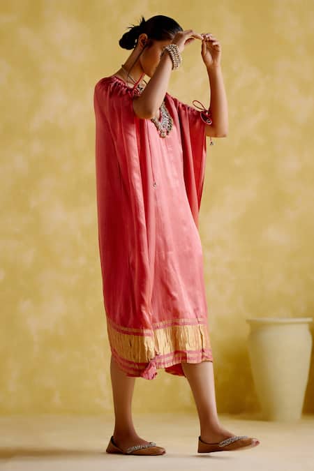 Buy_5elements_Pink Modal, Satin Embroidery V-neck Amor Ghungroo Detail Kaftan _Online_at_Aza_Fashions