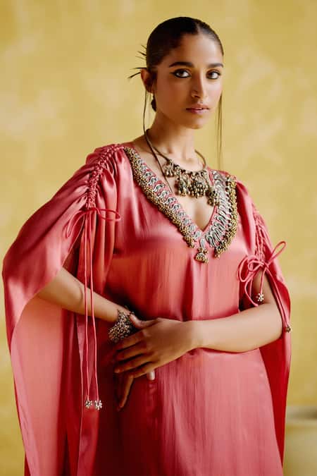 Shop_5elements_Pink Modal, Satin Embroidery V-neck Amor Ghungroo Detail Kaftan _Online_at_Aza_Fashions
