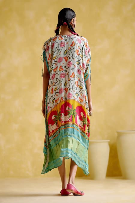 Shop 5elements Blue Modal, Satin Embroidery V-neck Linus Lotus And Bull Print Kaftan at Aza Fashions Shop_5elements_Blue Modal, Satin Embroidery V-neck Linus Lotus And Bull Print Kaftan _at_Aza_Fashions