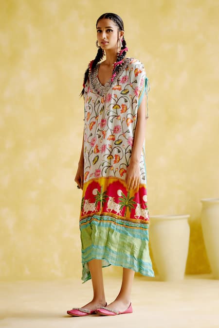 5elements Blue Modal, Satin Embroidery V-neck Linus Lotus And Bull Print Kaftan Online at Aza Fashions 5elements_Blue Modal, Satin Embroidery V-neck Linus Lotus And Bull Print Kaftan _Online_at_Aza_Fashions