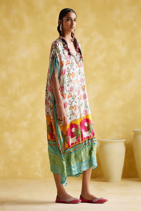 Buy 5elements Blue Modal, Satin Embroidery V-neck Linus Lotus And Bull Print Kaftan Online at Aza Fashions Buy_5elements_Blue Modal, Satin Embroidery V-neck Linus Lotus And Bull Print Kaftan _Online_at_Aza_Fashions