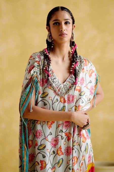 Shop 5elements Blue Modal, Satin Embroidery V-neck Linus Lotus And Bull Print Kaftan Online at Aza Fashions Shop_5elements_Blue Modal, Satin Embroidery V-neck Linus Lotus And Bull Print Kaftan _Online_at_Aza_Fashions