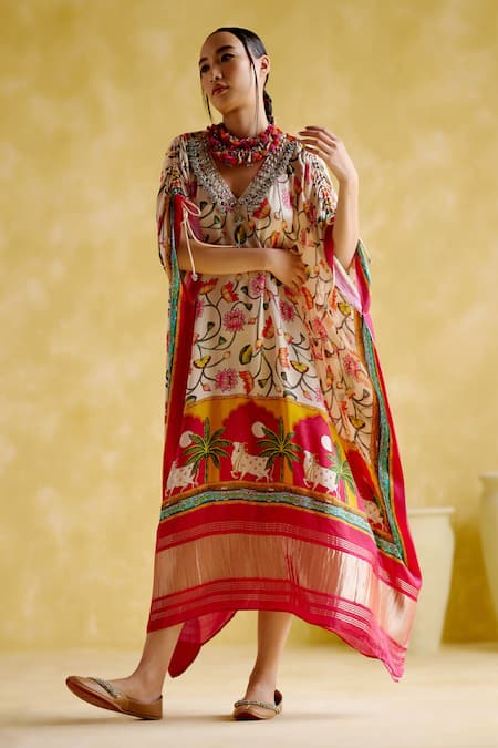 Shop 5elements Pink Modal, Satin Embroidery V-neck Linus Padma Print Kaftan at Aza Fashions Shop_5elements_Pink Modal, Satin Embroidery V-neck Linus Padma Print Kaftan _at_Aza_Fashions