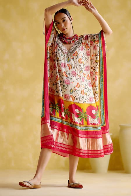 5elements Pink Modal, Satin Embroidery V-neck Linus Padma Print Kaftan Online at Aza Fashions 5elements_Pink Modal, Satin Embroidery V-neck Linus Padma Print Kaftan _Online_at_Aza_Fashions