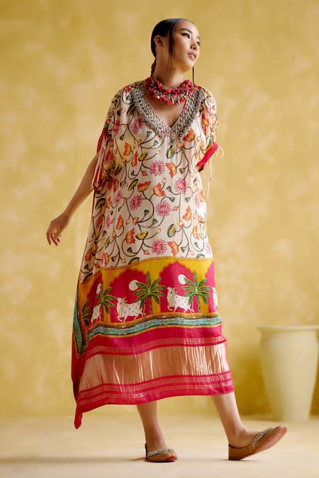 Buy 5elements Pink Modal, Satin Embroidery V-neck Linus Padma Print Kaftan Online at Aza Fashions Buy_5elements_Pink Modal, Satin Embroidery V-neck Linus Padma Print Kaftan _Online_at_Aza_Fashions