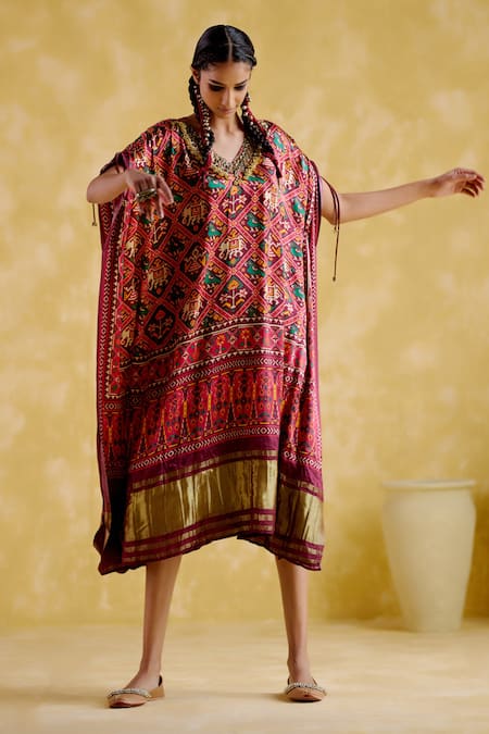 5elements_Maroon Modal, Satin Embroidery V-neck Tychon Traditional Print Kaftan _at_Aza_Fashions