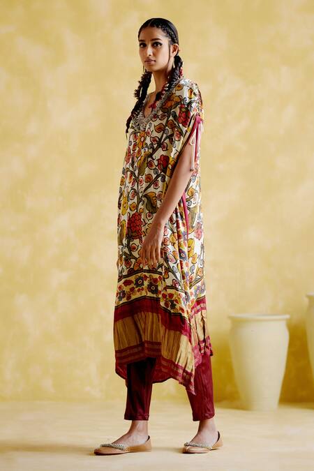 Buy_5elements_Maroon Modal, Satin Embroidery V-neck Selene Botanical Floral Print Kaftan _Online_at_Aza_Fashions