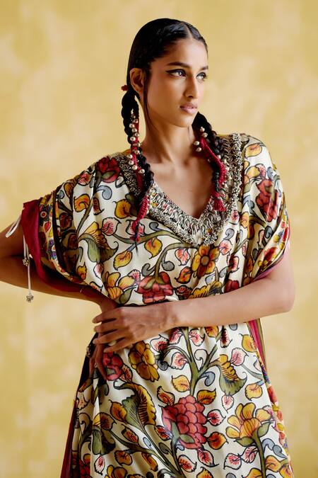 Shop_5elements_Maroon Modal, Satin Embroidery V-neck Selene Botanical Floral Print Kaftan _Online_at_Aza_Fashions