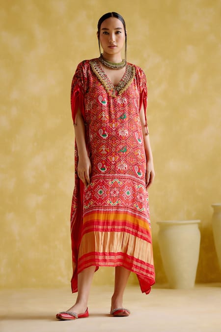 5elements Red Modal, Satin, Lace Embroidery V-neck Advaita Traditional Motif Print Kaftan 