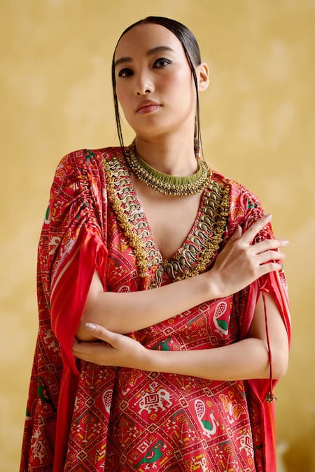 Buy 5elements Red Modal, Satin, Lace Embroidery V-neck Advaita Traditional Motif Print Kaftan Online at Aza Fashions Buy_5elements_Red Modal, Satin, Lace Embroidery V-neck Advaita Traditional Motif Print Kaftan _Online_at_Aza_Fashions