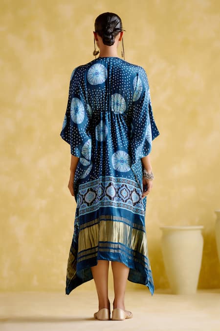 Shop 5elements Blue Modal, Satin Embroidery Round Neck Ahilya Bandhani Pattern Kaftan at Aza Fashions Shop_5elements_Blue Modal, Satin Embroidery Round Neck Ahilya Bandhani Pattern Kaftan _at_Aza_Fashions