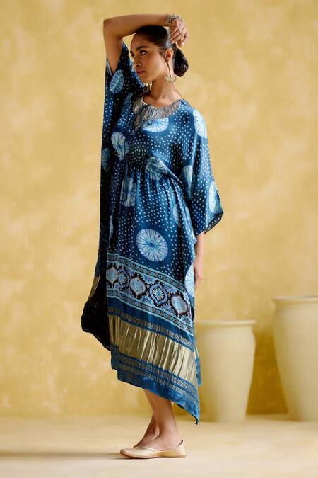 Buy 5elements Blue Modal, Satin Embroidery Round Neck Ahilya Bandhani Pattern Kaftan Online at Aza Fashions Buy_5elements_Blue Modal, Satin Embroidery Round Neck Ahilya Bandhani Pattern Kaftan _Online_at_Aza_Fashions