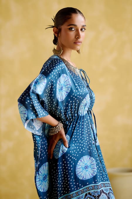 Shop 5elements Blue Modal, Satin Embroidery Round Neck Ahilya Bandhani Pattern Kaftan Online at Aza Fashions Shop_5elements_Blue Modal, Satin Embroidery Round Neck Ahilya Bandhani Pattern Kaftan _Online_at_Aza_Fashions