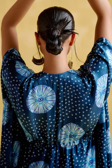 5elements Blue Modal, Satin Embroidery Round Neck Ahilya Bandhani Pattern Kaftan at Aza Fashions 5elements_Blue Modal, Satin Embroidery Round Neck Ahilya Bandhani Pattern Kaftan _at_Aza_Fashions