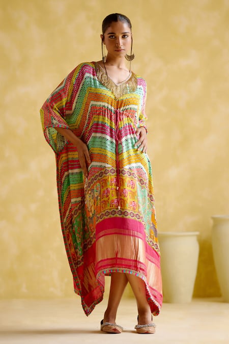 5elements Multi Color Modal, Satin Embroidery Ahilya Abstract Chevron Pattern Kaftan Online at Aza Fashions 5elements_Multi Color Modal, Satin Embroidery Ahilya Abstract Chevron Pattern Kaftan _Online_at_Aza_Fashions