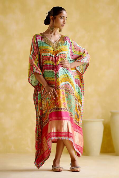 Buy 5elements Multi Color Modal, Satin Embroidery Ahilya Abstract Chevron Pattern Kaftan Online at Aza Fashions Buy_5elements_Multi Color Modal, Satin Embroidery Ahilya Abstract Chevron Pattern Kaftan _Online_at_Aza_Fashions