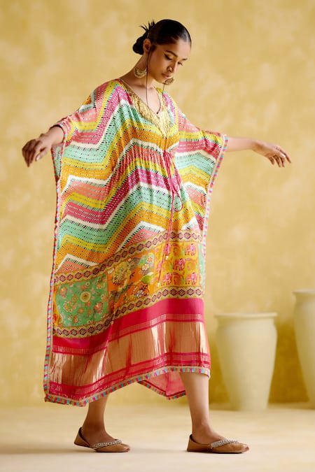 Shop 5elements Multi Color Modal, Satin Embroidery Ahilya Abstract Chevron Pattern Kaftan Online at Aza Fashions Shop_5elements_Multi Color Modal, Satin Embroidery Ahilya Abstract Chevron Pattern Kaftan _Online_at_Aza_Fashions