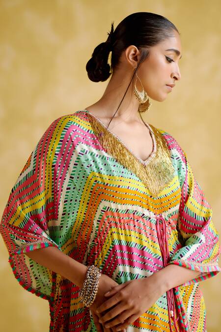 5elements Multi Color Modal, Satin Embroidery Ahilya Abstract Chevron Pattern Kaftan at Aza Fashions 5elements_Multi Color Modal, Satin Embroidery Ahilya Abstract Chevron Pattern Kaftan _at_Aza_Fashions