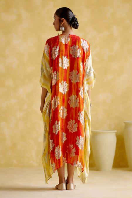 Shop 5elements Orange Modal, Satin Embroidery V-neck Amrapali Tie Dye Floral Pattern Kaftan at Aza Fashions Shop_5elements_Orange Modal, Satin Embroidery V-neck Amrapali Tie Dye Floral Pattern Kaftan _at_Aza_Fashions