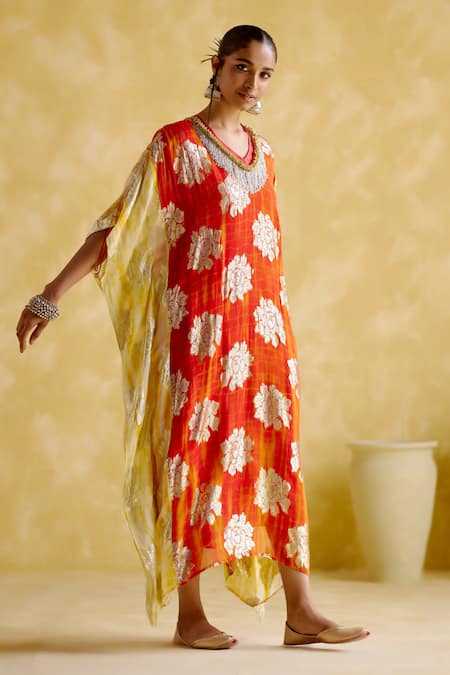 5elements Orange Modal, Satin Embroidery V-neck Amrapali Tie Dye Floral Pattern Kaftan Online at Aza Fashions 5elements_Orange Modal, Satin Embroidery V-neck Amrapali Tie Dye Floral Pattern Kaftan _Online_at_Aza_Fashions