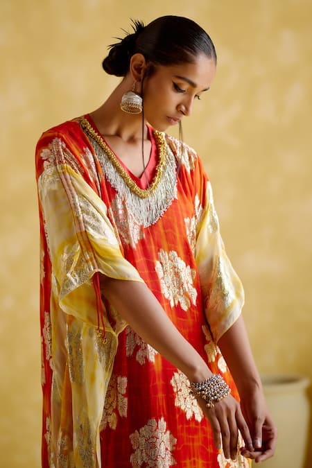 Shop 5elements Orange Modal, Satin Embroidery V-neck Amrapali Tie Dye Floral Pattern Kaftan Online at Aza Fashions Shop_5elements_Orange Modal, Satin Embroidery V-neck Amrapali Tie Dye Floral Pattern Kaftan _Online_at_Aza_Fashions