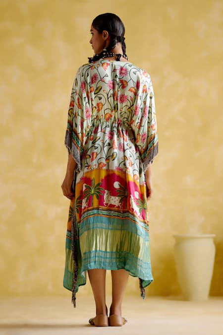 Shop 5elements Blue Modal, Satin Embroidery V-neck Angela Pichwai Print Kaftan at Aza Fashions Shop_5elements_Blue Modal, Satin Embroidery V-neck Angela Pichwai Print Kaftan _at_Aza_Fashions