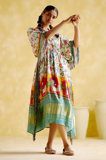 5elements Blue Modal, Satin Embroidery V-neck Angela Pichwai Print Kaftan Online at Aza Fashions 5elements_Blue Modal, Satin Embroidery V-neck Angela Pichwai Print Kaftan _Online_at_Aza_Fashions