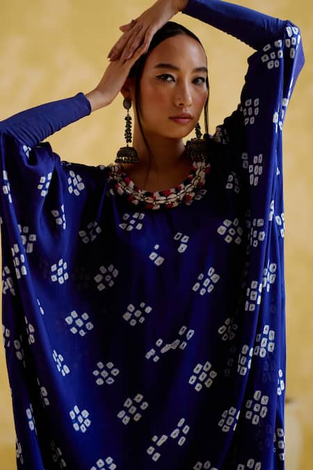 Shop 5elements Blue Modal, Satin Round Neck Annapoorna Bandhani Cluster Pattern Kaftan Online at Aza Fashions Shop_5elements_Blue Modal, Satin Round Neck Annapoorna Bandhani Cluster Pattern Kaftan _Online_at_Aza_Fashions
