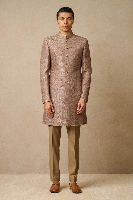 Buy Beige Dupion Silk And Suiting Fabric Printed And Embroidered Sherwani Set For Men By Tarun 